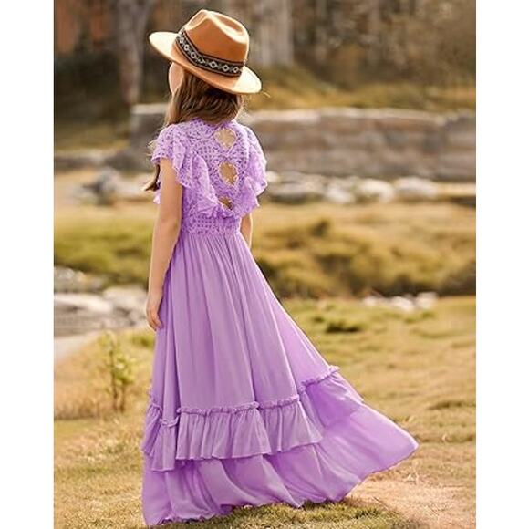 BIBIHOU Girls Lace Dress Ruffle Sleeve Boho Girl Dress, Lavender 6Y - Picture 7 of 8